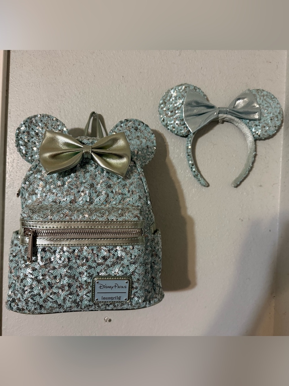 Loungefly Aqua Sequin Backpack with Matching Disney Headband